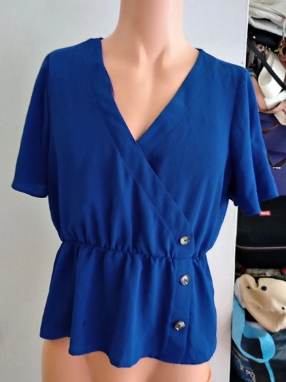 Pink Rose Blue Wrap Front Button Blouse